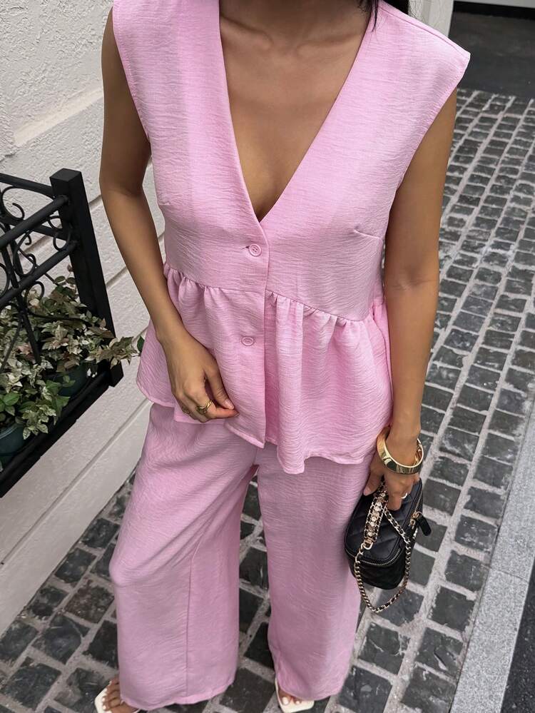 Women V-Neck Sleeveless Cardigan And Loose Wide-Leg Pants, Casual Vacation Style Pink 2 Pieces Set