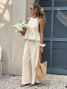SHEIN Tall CURVE Bộ đồ ngủ 2 mảnh cỡ lớn dành cho nữ - Áo không tay viền bèo nhún và quần ống rộng mùa hè, màu trơn, áo xếp ly hở lưng và quần ống rộng, bộ 2 mảnh thoải mái, thích hợp cho mùa hè, mùa xuân, kỳ nghỉ, tiệc tùng, bãi biển, đám cưới, lễ tốt nghiệp, dã ngoại, khiêu vũ, sinh nhật, trang trọng, du lịch, thường ngày và các dịp trang trọng. - Màu be - Xem 4