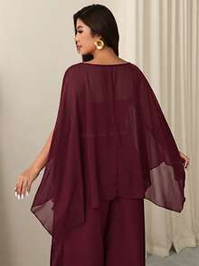 Firerie Plus Size Summer Elegant Mesh Patchwork Asymmetric Hem Shirt - Burgundy - View 2