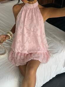 Aloruh 女士优雅纯色提花露背迷你吊带连衣裙，夏季 - 白色 - 查看 5