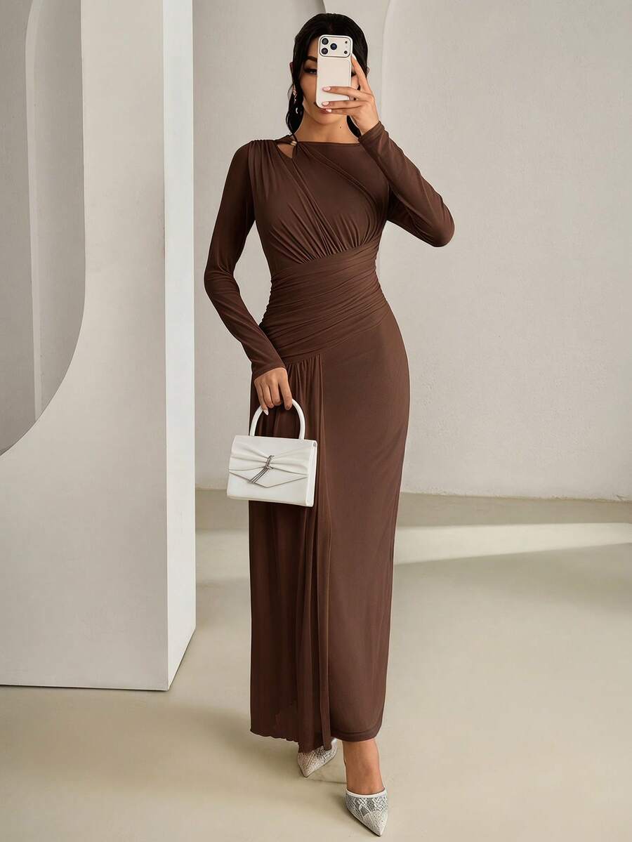 Veilorie Stylish Women's Solid Brown Maxi Dress With Slim Fit Ruched Detail And Long Sleeves Ideal For Sophisticated Events - Coffee Brown - View 1