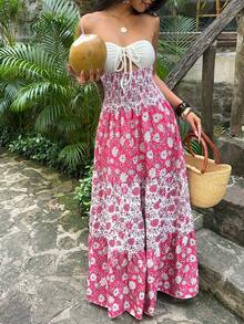Sweetra Spring & Summer Beach Vacation Knitted Halter Tie-Up Patchwork Floral Woven Cinched Waist Dress For Women - Hot Pink - View 9