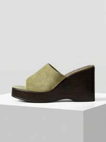 MOTF ELEGANT SQUARE TOE WEDGE HEEL THICK SOLE MID HEEL COMFORTABLE SLIP-ON CASUAL DRESS SANDALS, SUITABLE FOR WORKPLACE, COMMUTE, DATE, BANQUET, PARTY, FORMAL OCCASIONS SUMMER SHOES - Light green - View 2