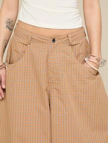 COUREZ Pantalones holgados de tiro bajo con ajuste de barril a cuadros de algodón / Pantalones holgados de tiro bajo estilo Y2K globo sobredimensionados para mujer, pantalones holgados, pantalones holgados de ajuste suelto para festival del Día de la Madre - Naranja - Ver 6
