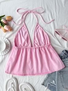 Soleia Women's Casual Tie Front Halter Neck Denim Blouse For Summer Summer Outfit For Women Summer Top Festival Outfits For Women Beach Outfits For Women Vacation Outfits Women Country Concert Outfit Pink Tops Holiday Outfits For Women - Pink - View 2