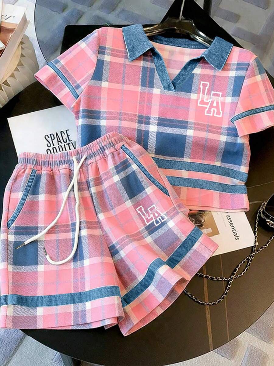 Franclia Fitted Polo Collar Short Sleeve Top + Casual Shorts Set - Multicolor - View 1