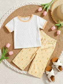 SHEIN Playful Pals 女婴撞色滚边圆领短袖休闲夏季T恤套装 - 黃色 - 查看 8