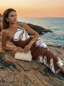 CAJUNI Damen Mode vielseitiges Midi-Kleid mit Blume Muster, elegant für den Urlaub - Braun - Übersicht 4