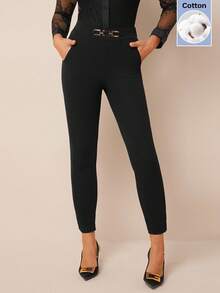 Amorya Women's Cotton Black High Waist Metallic Buckle Detail Skinny Pants Cropped Trousers Slim Fit Slacks For Work Autumn Elegant - Black - View 6