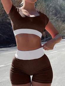 INAWLY 2 piezas Conjunto de top corto de manga corta y pantalones cortos de color contrastante para mujer - Marrón - Ver 3