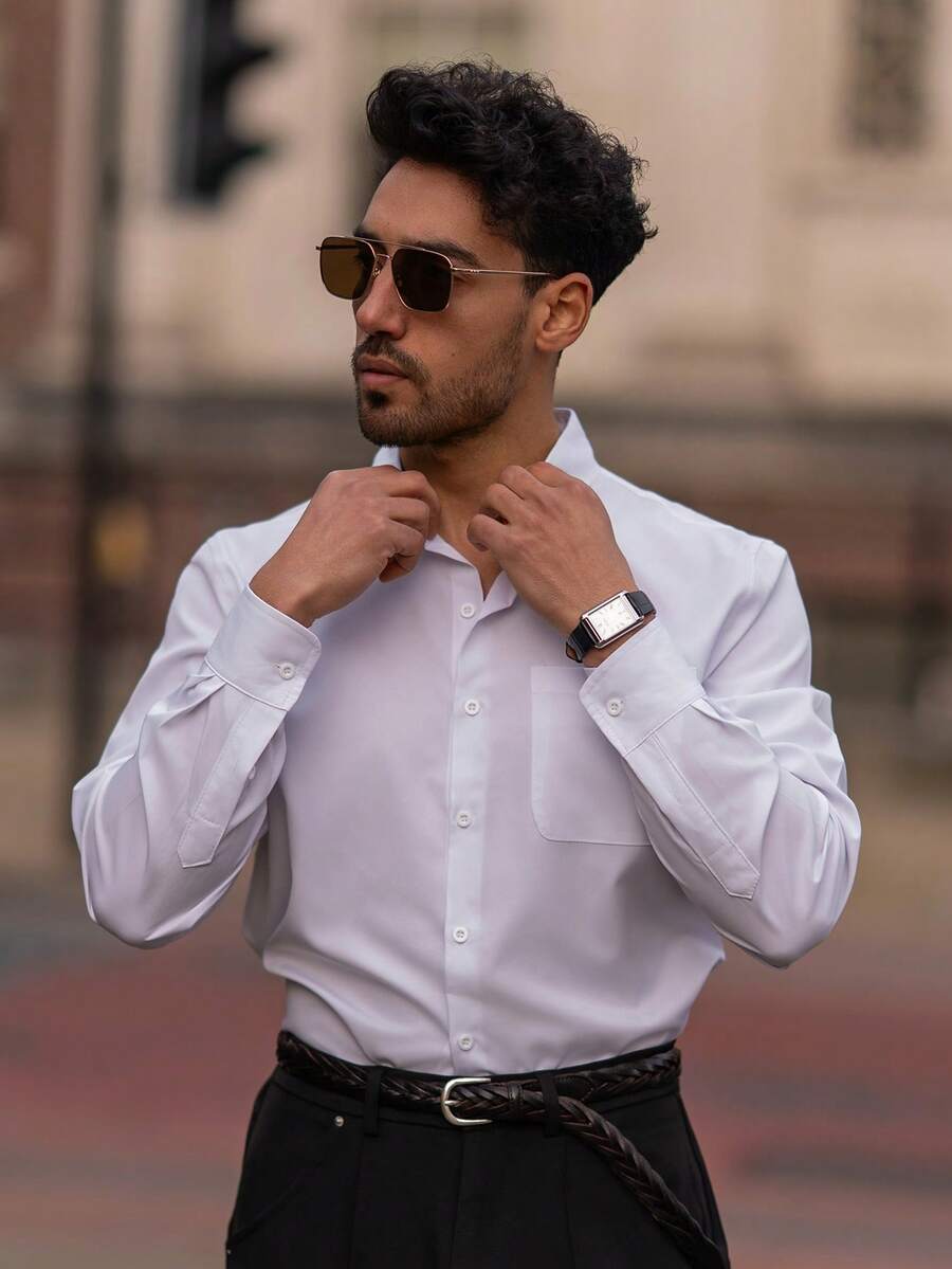 YOUESAWY YOUESAWY Men's Long Sleeve Formal Shirt, Solid Brown Color, Button Design, Suitable For Weddings, Office, Formal Occasions, Parties, Showcasing A Classic Gentleman Style, An Ideal Gift For Father Or Boyfriend - White - View 1