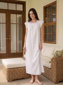 Doze Lane 100% Cotton Soft & Comfortable Ruffled Bow Tie Sleepwear Dress For Women - White - View 3