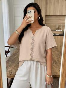 Weeklong Áo kiểu tay ngắn phối ren màu mơ, cỡ lớn, thích hợp cho kỳ nghỉ xuân/hè. - Màu Khaki - Xem 5
