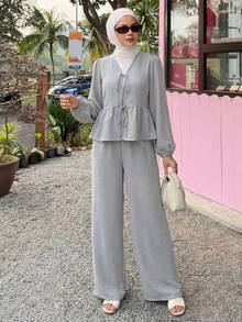 DAZY 春夏简约复古亚麻两件套女装，时尚宽松衬衫搭配阔腿裤，休闲家居服套装 - 藍色 - 查看 3