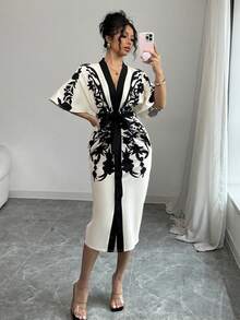Elenzga Đầm suông in họa tiết tay ngắn buộc nơ phía trước cho nữ - Màu be - Xem 6