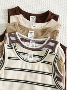 SHEIN 5pcs/Set Unisex Newborn Baby Cute Summer Casual Knitted Striped Sleeveless Romper Set, Basic Romper Multi-Pack - Multicolor - View 6