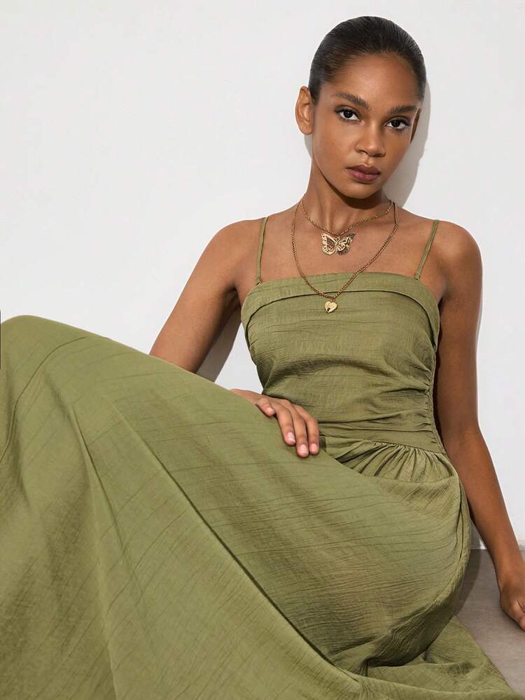 SHEIN Maija Women's Summer Casual Vacation Solid Color Pleated Waist Maxi Slip Dress Dresses Zanea Dress For Woman Yisikado Dress São João Women's Clothing Mother's Day