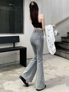 Dazy Tall Quần jeans ống loe đính đá lấp lánh dành cho nữ cao, kiểu dáng gợi cảm, thoải mái cho mùa hè. - Rửa nhẹ - Xem 8