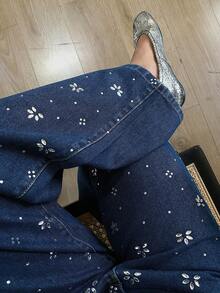 DAZY Women's Regular Waist Loose Straight Rhinestone Floral Print Elegant City Casual Jeans - Dark Wash - View 7