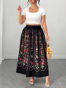 SHEIN Clasi Plus Size Vintage 70's Floral Pattern Elegant Skirt, Summer Party Black - Multicolor - View 8