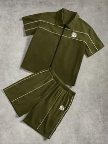 STYNVO Manfinity Streetrush 2pcs Men's Star Print Short Sleeve Zipper Front Shirt & Shorts Outfit - Army Green - View 1