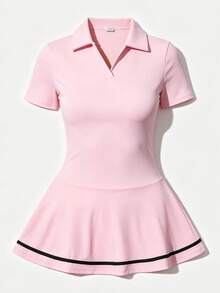 CourtClass Women's Contrast Color V-Neck Short Sleeve Sports Dress Tennis Dress Women Golf Outfit Women Clothing Athletic Women Active Sets Workout Top Women Women Clothing Exercise - Pink - View 6