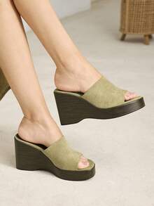 MOTF ELEGANT SQUARE TOE WEDGE HEEL THICK SOLE MID HEEL COMFORTABLE SLIP-ON CASUAL DRESS SANDALS, SUITABLE FOR WORKPLACE, COMMUTE, DATE, BANQUET, PARTY, FORMAL OCCASIONS SUMMER SHOES - Light green - View 5