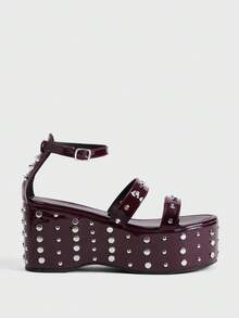 Sugerpunk Giày sandal đế cao, gót đính kim tuyến, khóa cài nhọn dành cho nữ. - Màu Đỏ Sâu - Xem 1