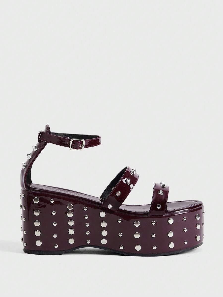 Sugerpunk Giày sandal đế cao, gót đính kim tuyến, khóa cài nhọn dành cho nữ. - Màu Đỏ Sâu - Xem 1