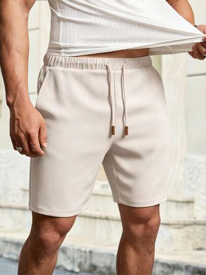 HIMLAND Apricot Elastic Waist Drawstring Casual Summer Versatile Woven Shorts