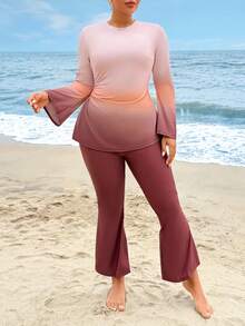 Swim Mulvari Set de 2 piezas de top de manga larga y pantalones con estampado de ubicación de tela de punto de talla grande, estilo estilizante de Oriente Medio - Multicolor - Ver 3