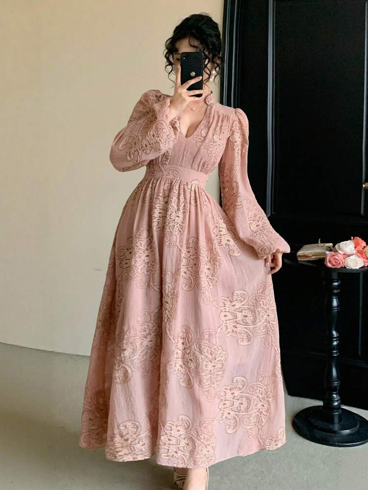 Women's V-Neck Lace Patchwork Floral Print Long Casual Party Elegant Dress Sun Dresses For Women