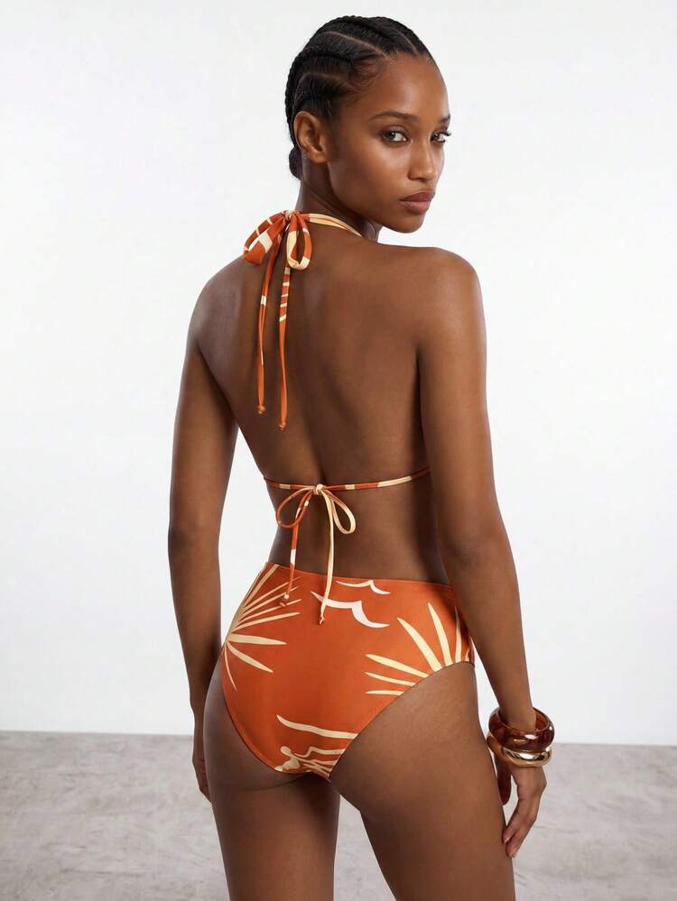 SHEIN Maija Women's Summer Beach Vacation Printed Halter Bikini Set