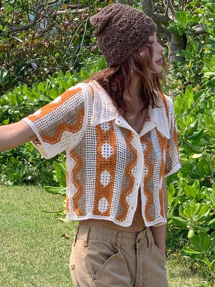 Contrast Stripe Jacquard Short Sleeve Casual Vacation Lightweight Knit Cardigan For Women