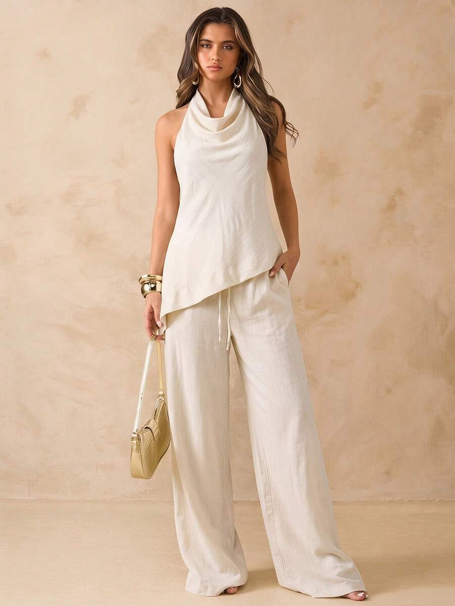 SHEIN BAE 2pcs Set: Loose Backless Scoop Neck Blouse & High Waist Wide Leg Pants, Beige Linen Outfit, Summer Beach Vacation Set, Linen 2-Piece Set,Work Outfits For Women Pants And Top Special Occasion - Khaki - View 1