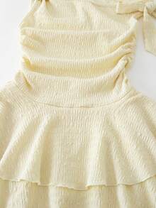 SHEIN Tween Girl Elegant Summer Birthday Dress,Golden Yellow Asymmetrical Shoulder Ruched Cake Princess Outfit With Metal Starfish Decor,Sibling Matching - Yellow - View 8