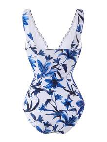 Bonvoyette Deep V-Neck Printed Tie-Waist One-Piece Swimsuit With Mesh Printed Skirt, Women Premium Set - Multicolor - View 7