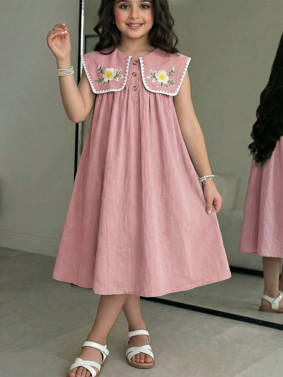 SHEIN Tween Girls/Tween Girl Girls Pastoral Floral Embroidered Pattern Ruffle Collar Puff Sleeve Dress,Versatile Round Neck Trim Contrast Color - Pink - View 1