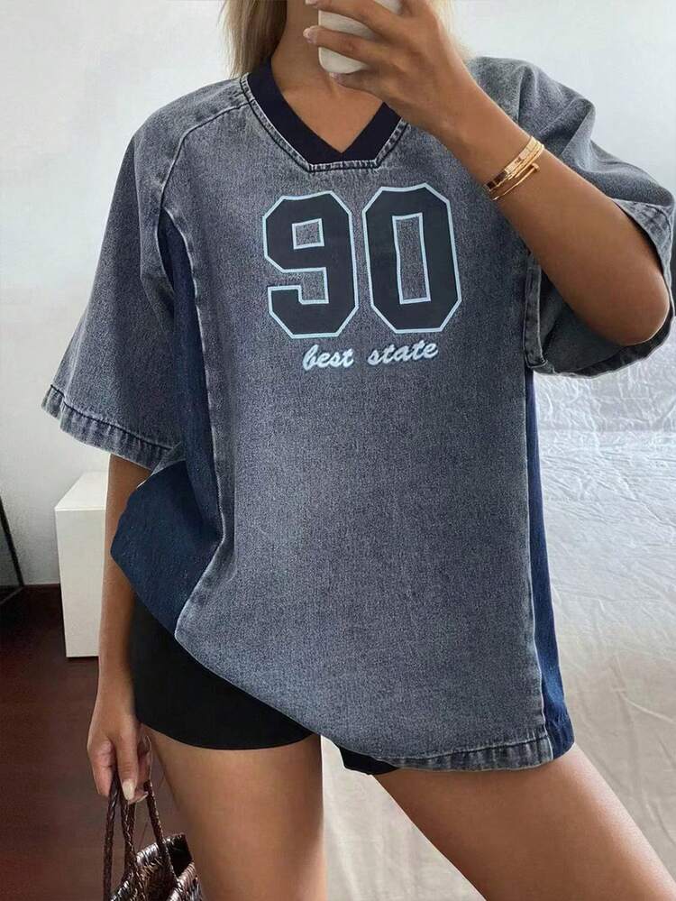 Tall Women's Contrast Color V-Neck Short Sleeve Loose Letter Print Casual Denim Top