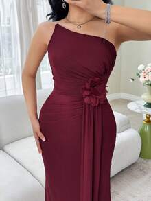Feyla Women's Summer Solid Color 3D Floral Asymmetric Neckline Tube Dress - Burgundy - View 3