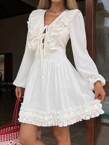 Livesso Cotton Ruffled Tie Waist Long Sleeve Mini Dress For Women - White - View 5