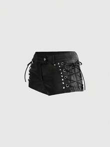 ROMWE Grunge Punk Punk Metal Rivet Lace-Up Design Super Low-Waist Mini Leather Shorts - Black - View 3