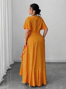 SHEIN Unity Plus Size Polka Dot Wrap Dress With Tie Waist, Ruffle Hem And Side Slit - Yellow - View 6