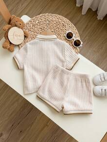 男婴小熊贴花罗纹短袖Polo衫套装 - 杏色 - 查看 2