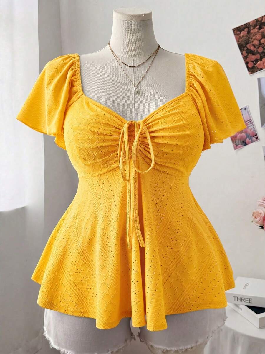 Lyrianda Plus Size Women Square Collar Ruffle Sleeve Textured Casual Cute Elegant A-Line T-Shirt - Yellow - View 1