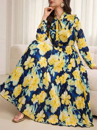 Modelyn Vestido con cuello de corbata con volantes, plisado y estampado de patchwork