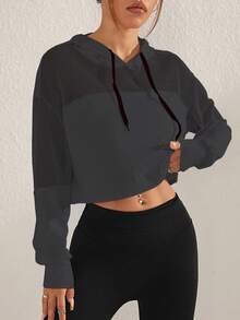 Sovereign Charm Sudadera corta de mujer casual de unicolor con parches, malla hueca y cordón ajustable - Multicolor - Ver 6