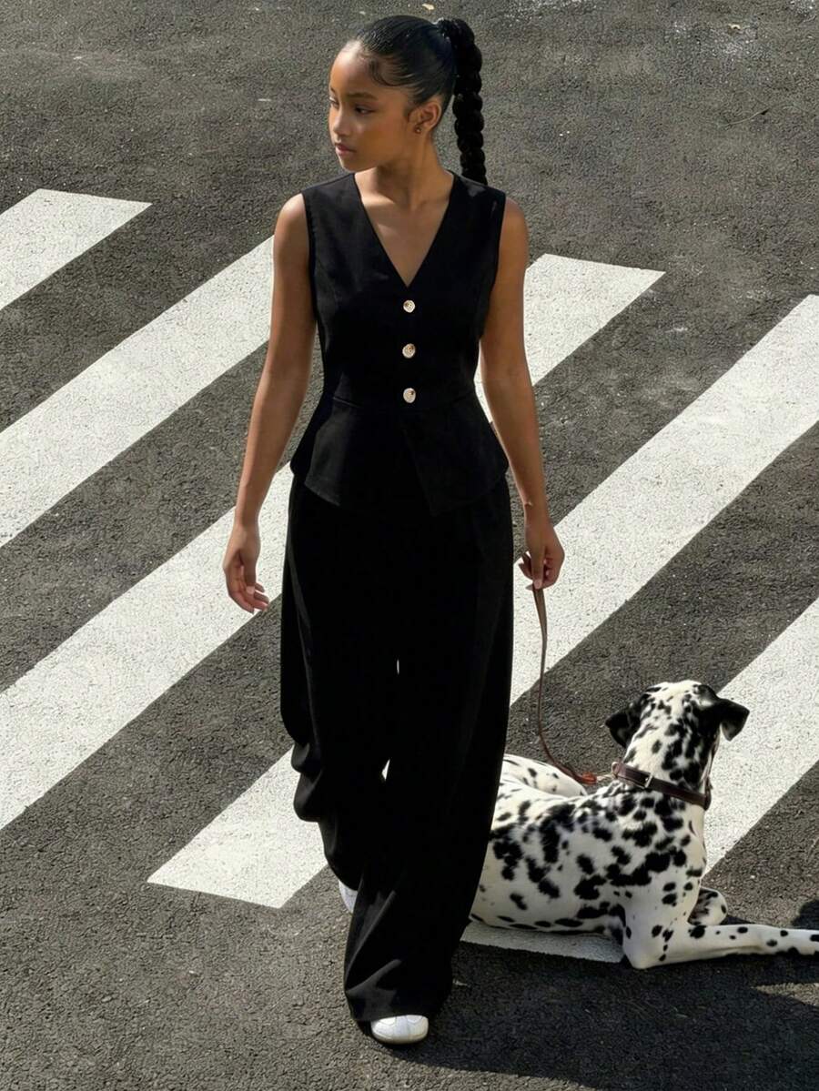 SHEIN 少女春夏优雅通勤上学正式开襟无袖西装背心+宽松直筒裤纯色梭织套装 - 黑色 - 查看 1