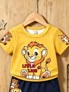 Playful Pals Bộ 2 món cho bé trai SS26: Áo tay ngắn màu vàng in hình động vật hoạt hình dễ thương sư tử và gấu, và quần short in hình động vật hoạt hình đáng yêu. - Nhiều màu - Xem 5