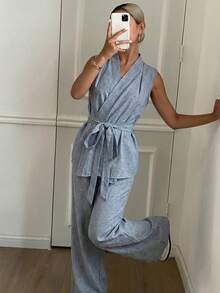 DAZY 纯色V领系带吊带背心和阔腿裤两件套，女士家居服套装，女士短款套装，夏季款 - 藍色 - 查看 2